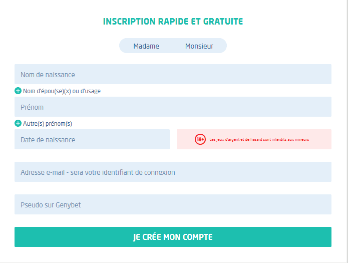 formulaire d'inscription Genybet