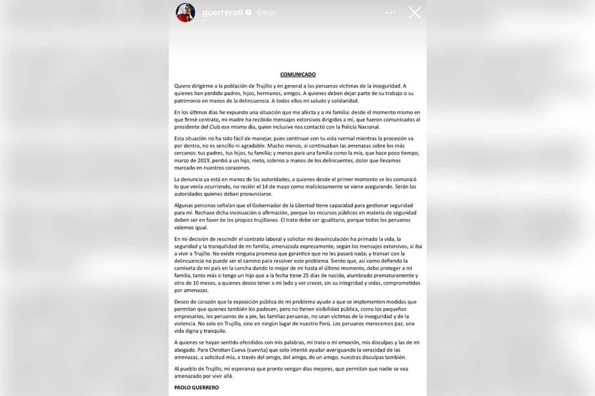 Paolo Guerrero envía sentido mensaje a Trujillo