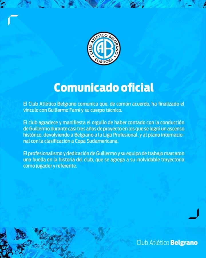 Comunicado oficial de Belgrano sobre Guillermo Farré