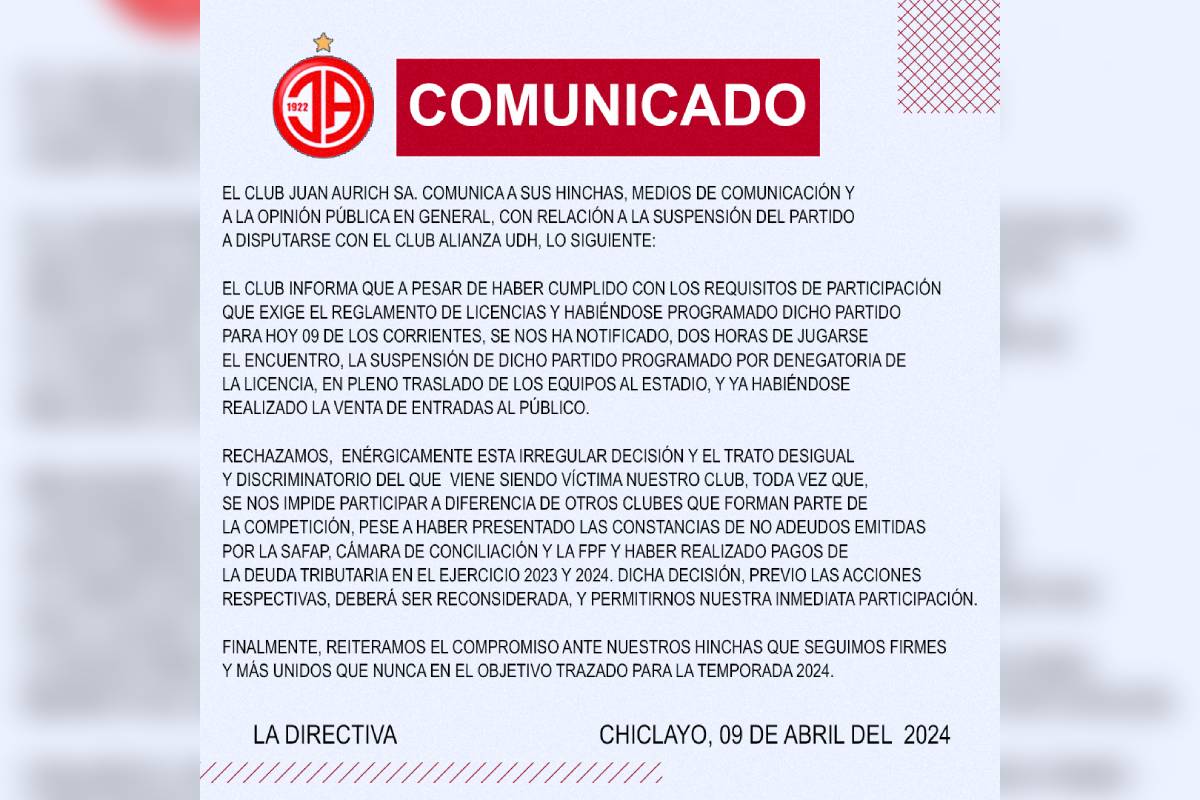 Comunicado Juan Aurich - Liga 2