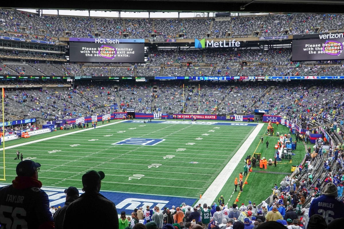 East Rutherford, New Jersey – October 29, 2023: Football field view from the stands before the Giant
