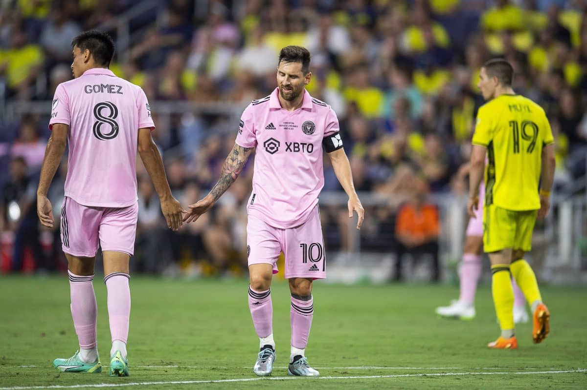 RECORD DATE NOT STATED Leagues Cup 2023 Nashville (USA) vs Inter de Miami (USA) Final Diego Gomez and Lionel Messi of In