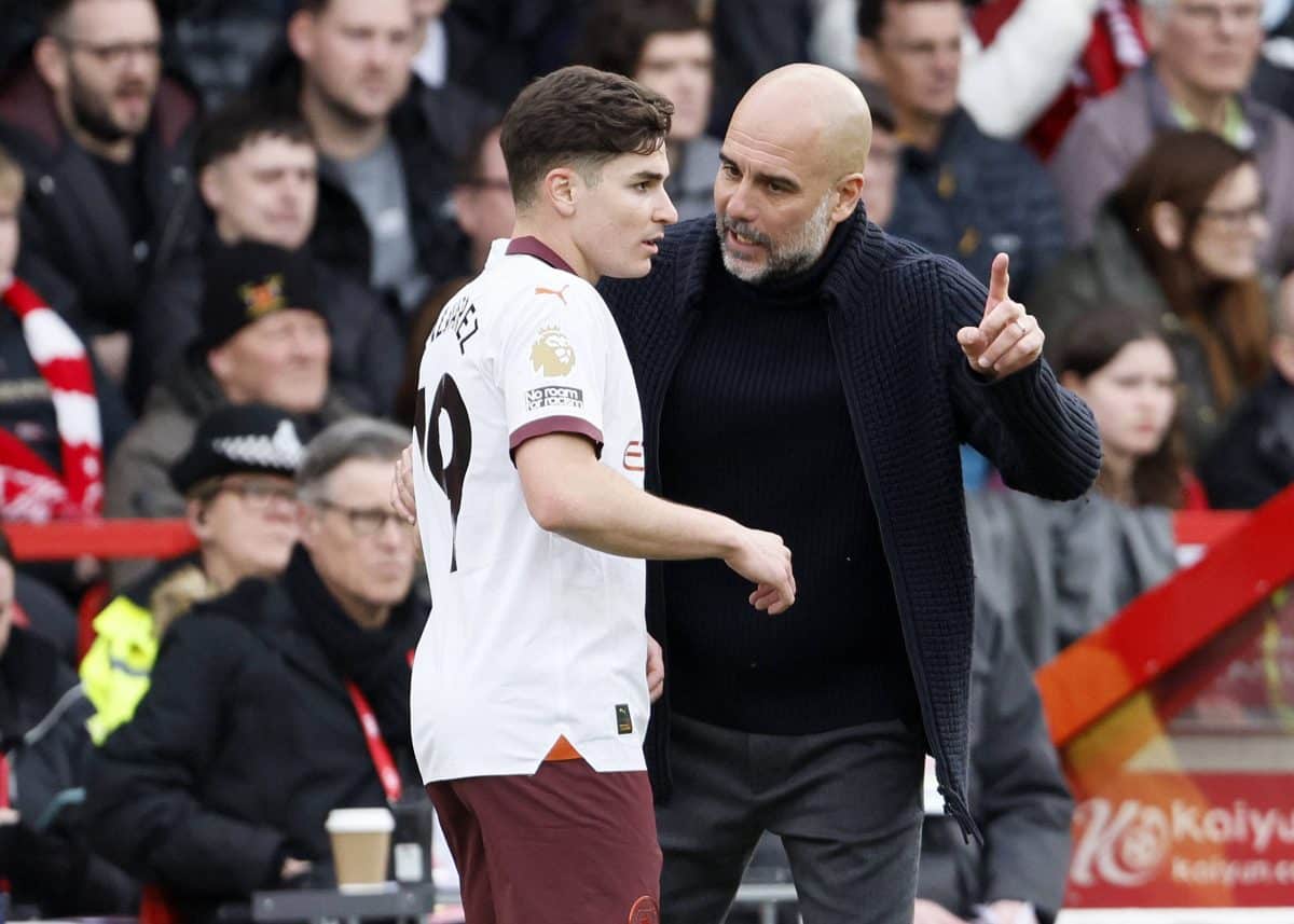 Nottingham Forest v Manchester City – Premier League Julian Alvarez of Manchester City and Pep Guardiola, Manager of Man