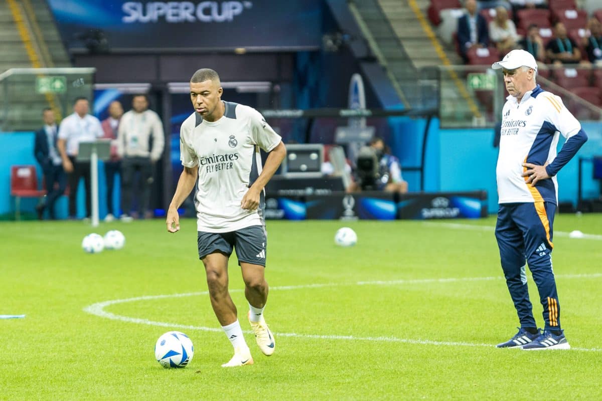 Official training before UEFA Super Cup Coach Carlo Ancelotti, Kylian Mbappe during Team Real training before UEFA Super