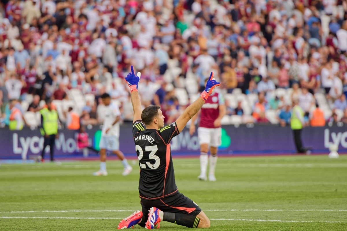 London, England, August 17 2024: Emiliano Martinez (23 Aston Villa) celebrates win after the Premier League game between