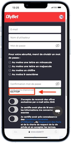 Créez un profil avec le code promo OlyBet
