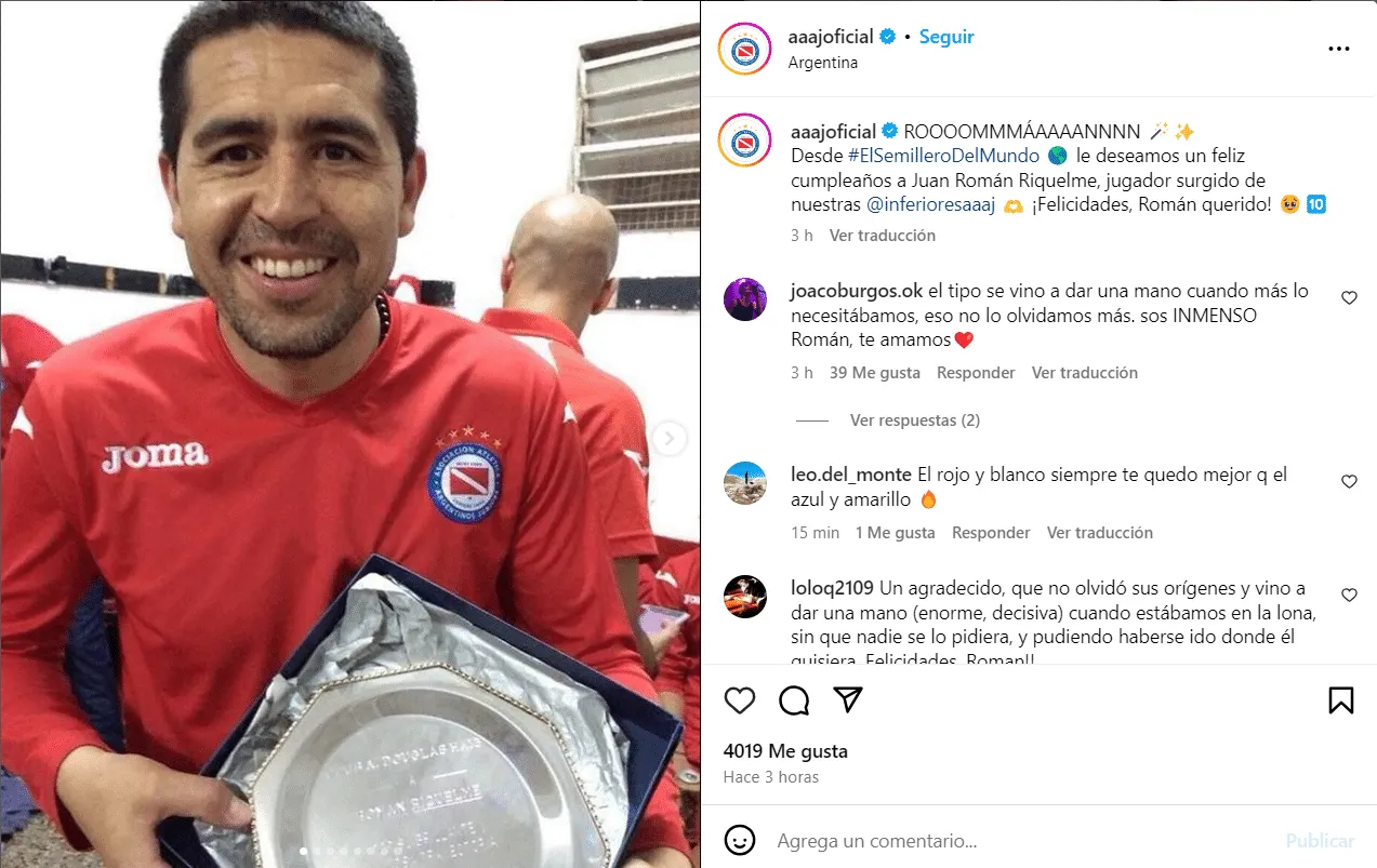 Mensaje de Argentinos Juniors a Juan Román Riquelme