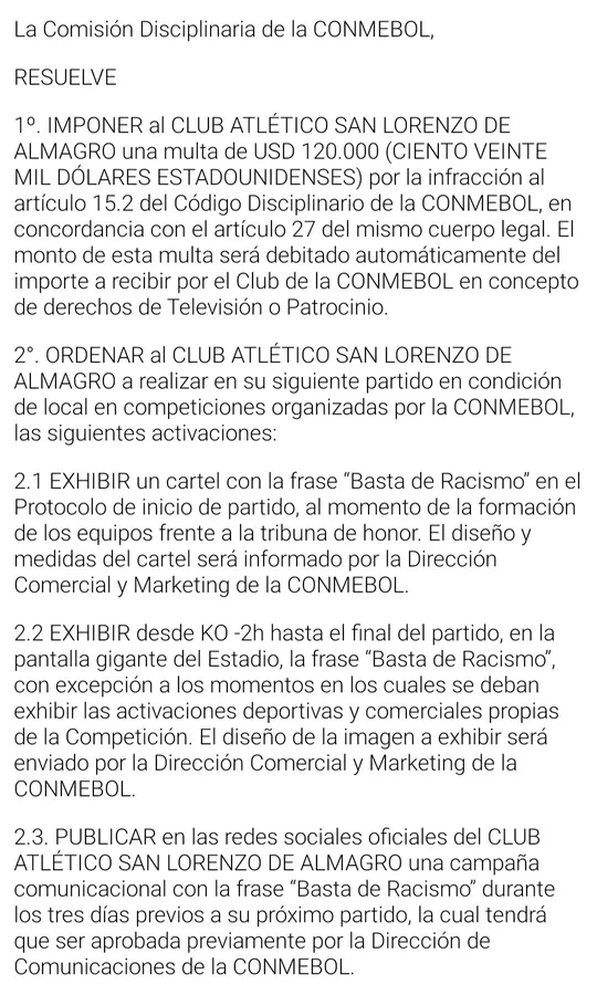 Sanción oficial de la CONMEBOL a San Lorenzo