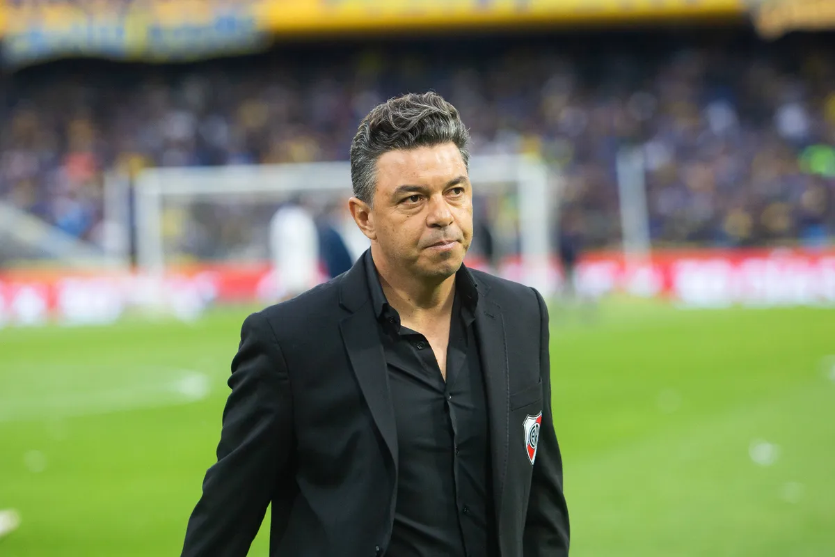Boca Juniors v River Plate – Liga Profesional 2022 Marcelo Gallardo head coach of River Plate looks on after the first h