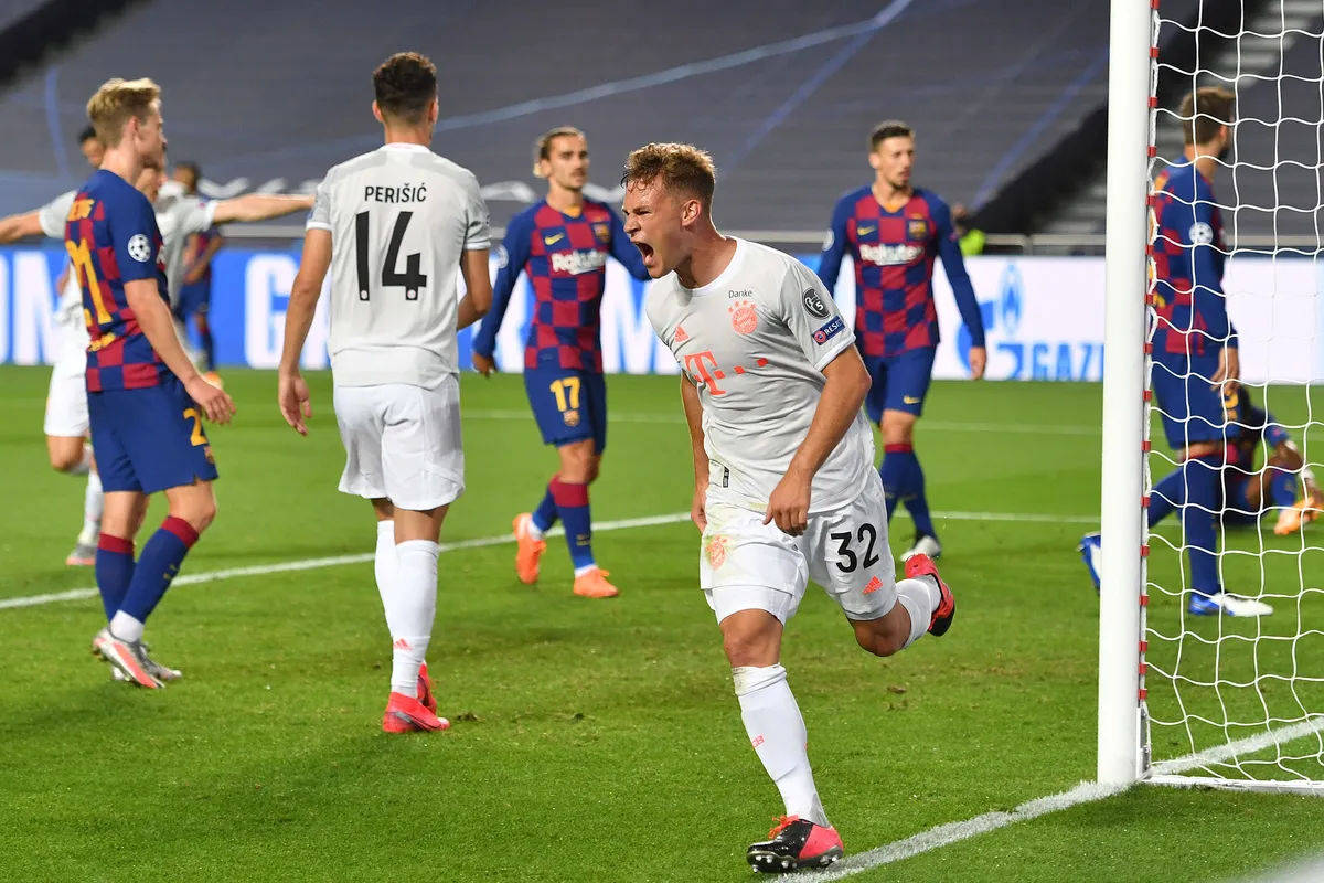 Fussball Champions League/ Viertelfinale/ FC Barcelona, Barca – FC Bayern Muenchen 2-8 Torjubel Joshua KIMMICH (Bayern M