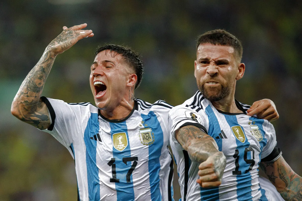 (231122) — RIO DE JANEIRO, Nov. 22, 2023 — Nicolas Otamendi (R) and Enzo Fernandez of Argentina celebrate a goal durin