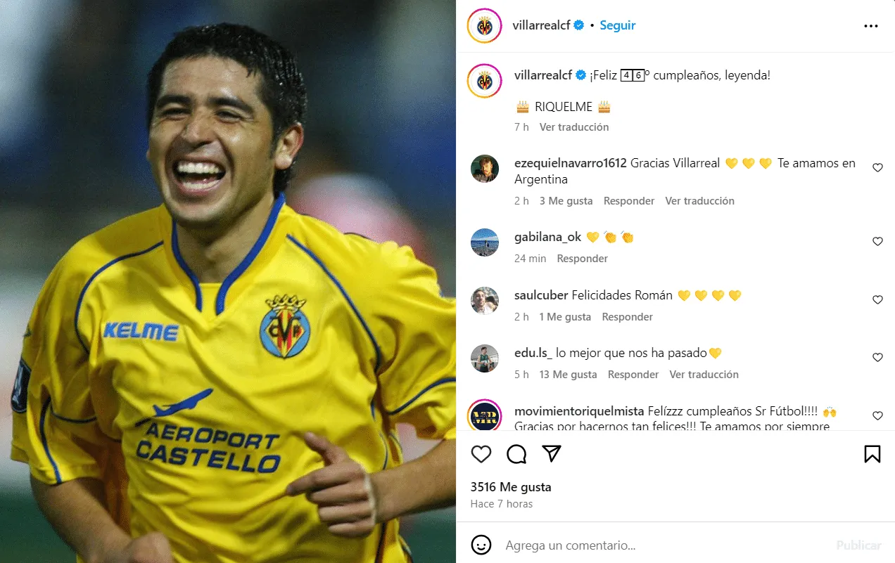 Mensaje de Villarreal a Juan Román Riquelme