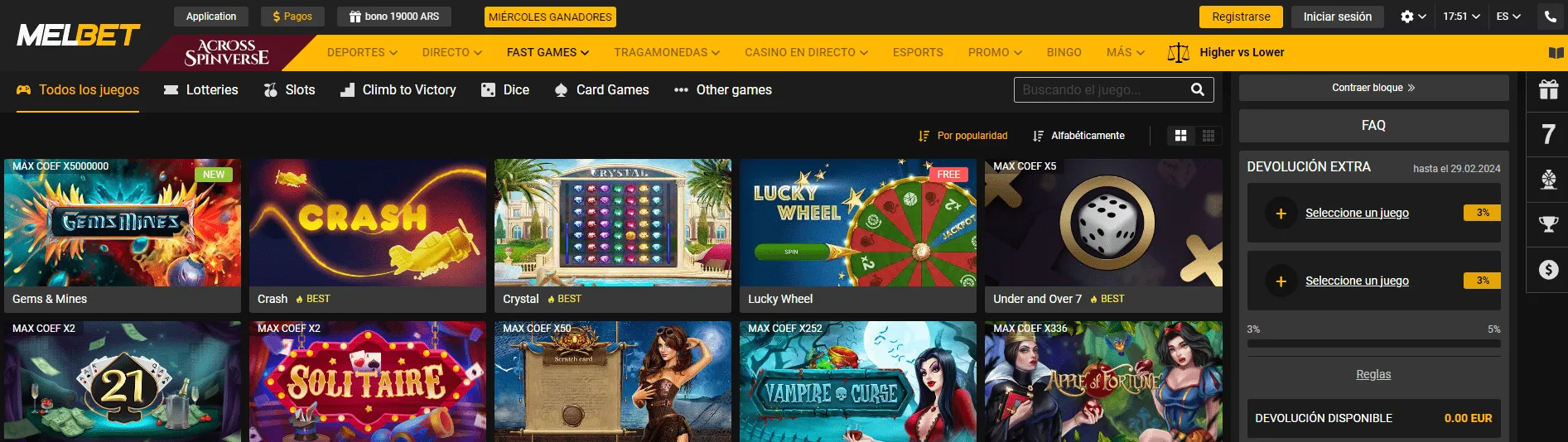 interfaz casino melbet