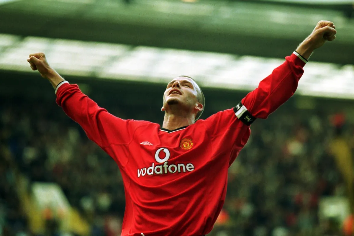 David Beckham festejando un gol en Manchester United