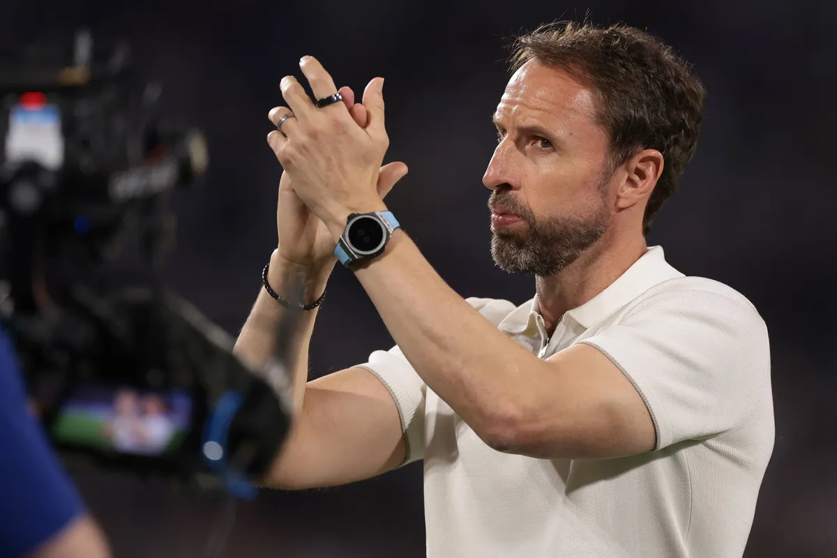 Cologne, Germany, 25th June 2024. Gareth Southgate Head coach of England applauds the fans following the final whistle o