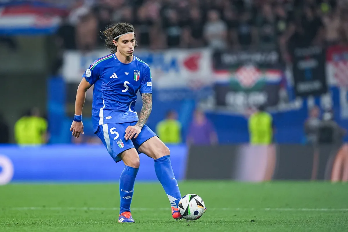 Leipzig, Germany, June 24th 2024: Riccardo Calafiori (5 Italy) passes the ball during the UEFA EURO, EM, Europameistersc