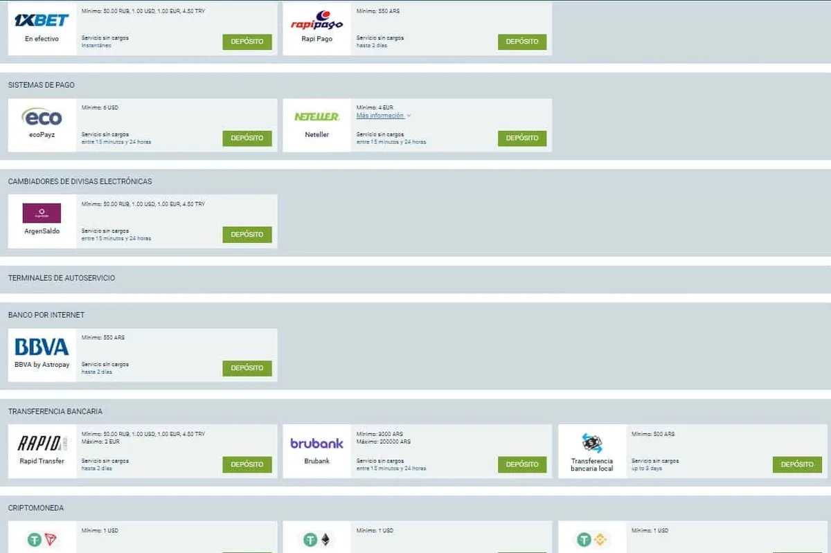 medios de pago 1xbet