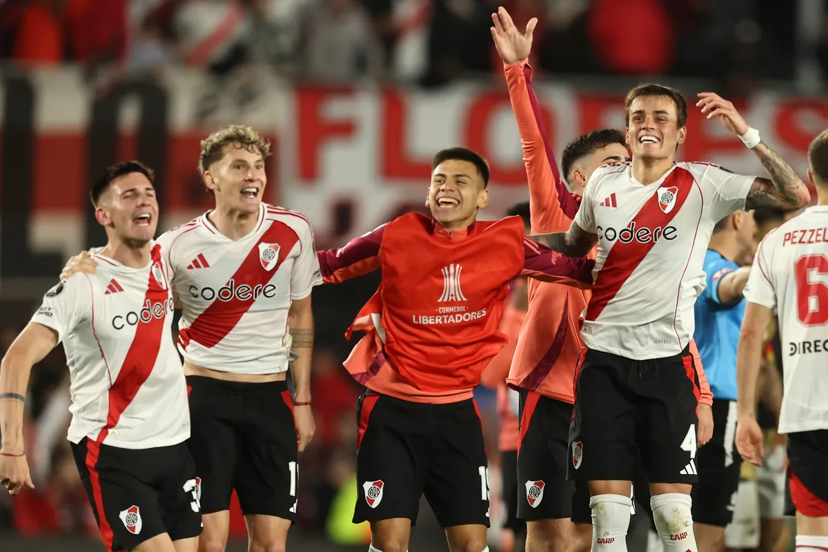 (L to R) Argentina™s River Plate midfielder Franco Mastantuono, forward Facundo Colidio, midfielder Claudio Echeverri an