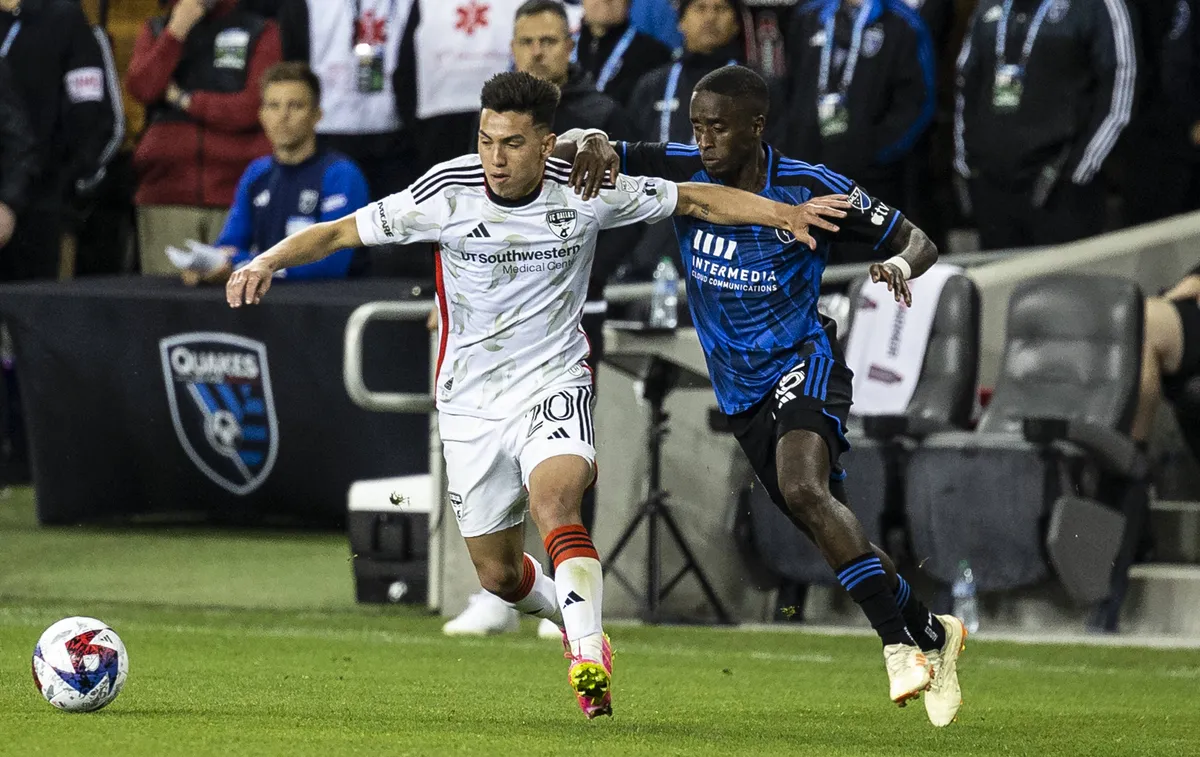 May 27 2023 San Jose, CA USA San Jose midfielder Jamiro Monteiro (35)and Dallas forward Alan Velasco (20) battles for th