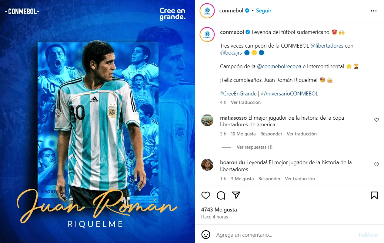 Mensaje de Conmebol a Juan Román Riquelme