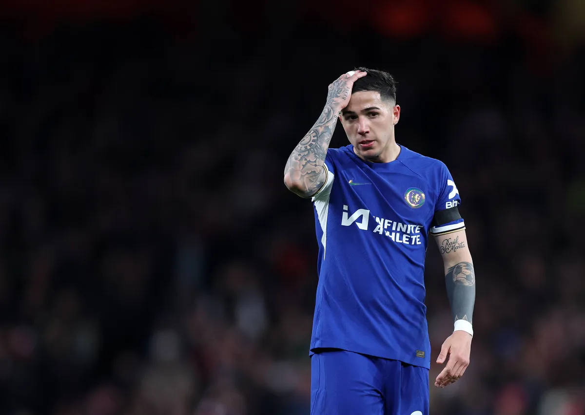 London, England, 23rd April 2024. Enzo Fernandez of Chelsea looks on dejected during the Premier League match at the Emi