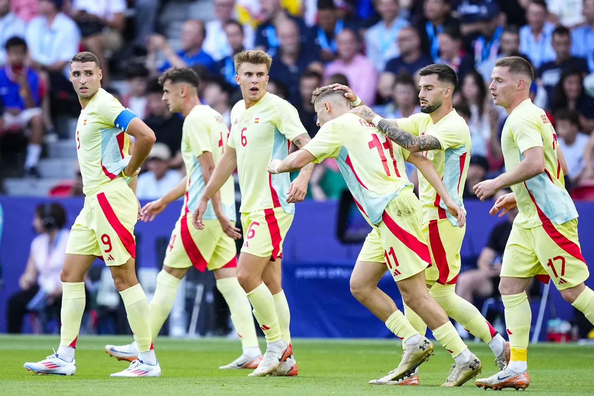 August 9, 2024, Paris, Paris, FRANCE: Fermin Lopez of Spain celebrates a goal during Men s Gold Medal Match of the Footb