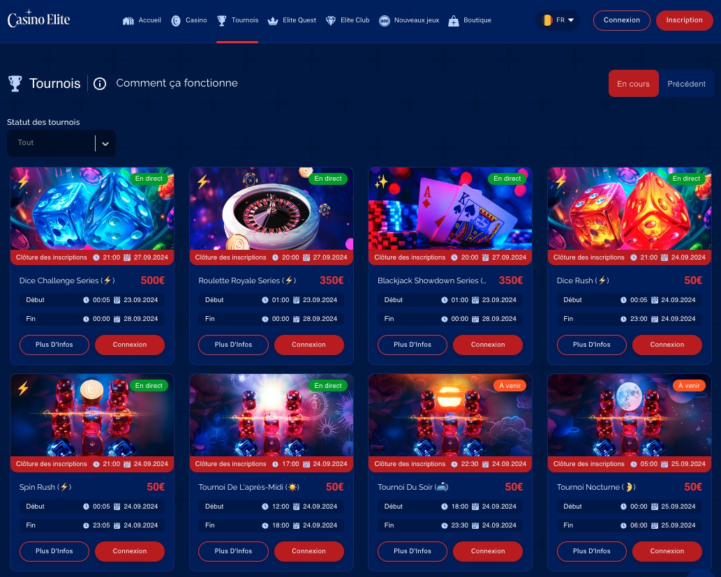 Les tournois disponibles sur le Casino Elite