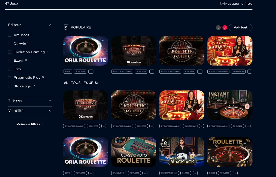 Casino en direct sur Oria