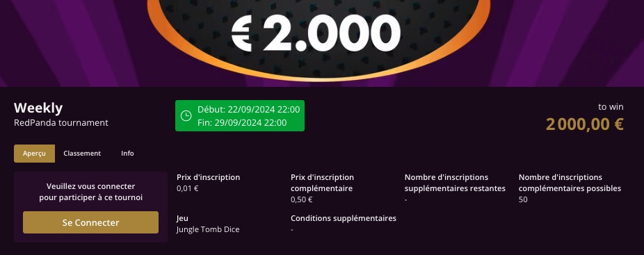 Tournois Weekly avec le code promo Madison