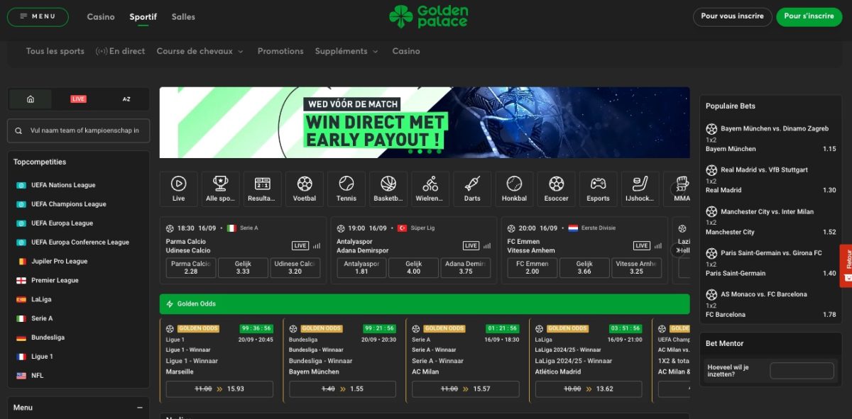 La page d'accueil sport de Golden Palace