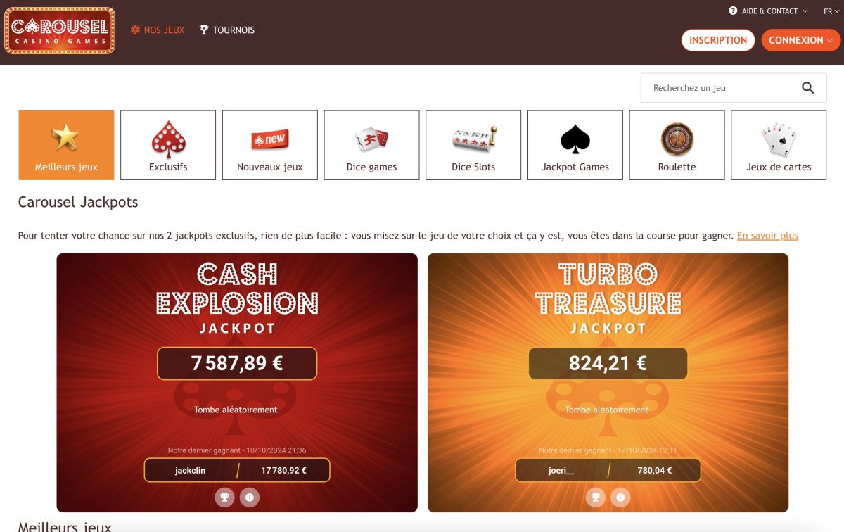jackpots avec le code promo du casino Carousel