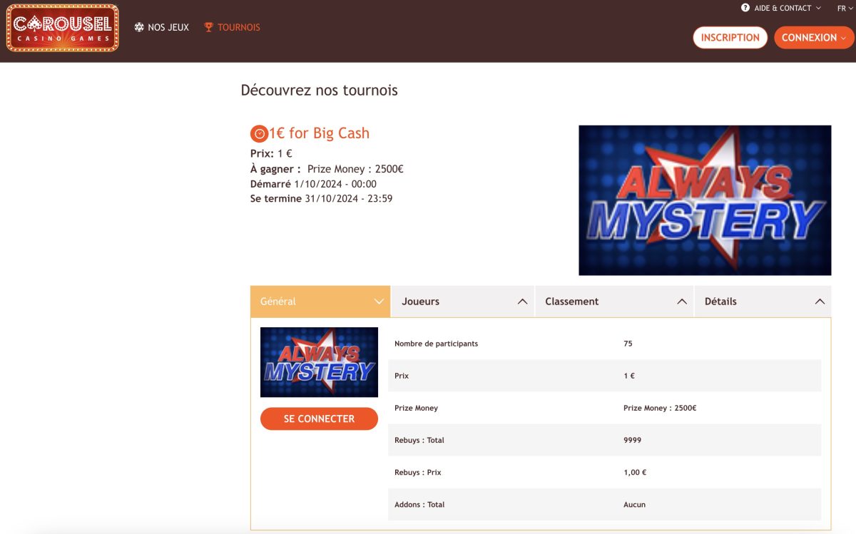 tournois avec le code promo du casino Carousel