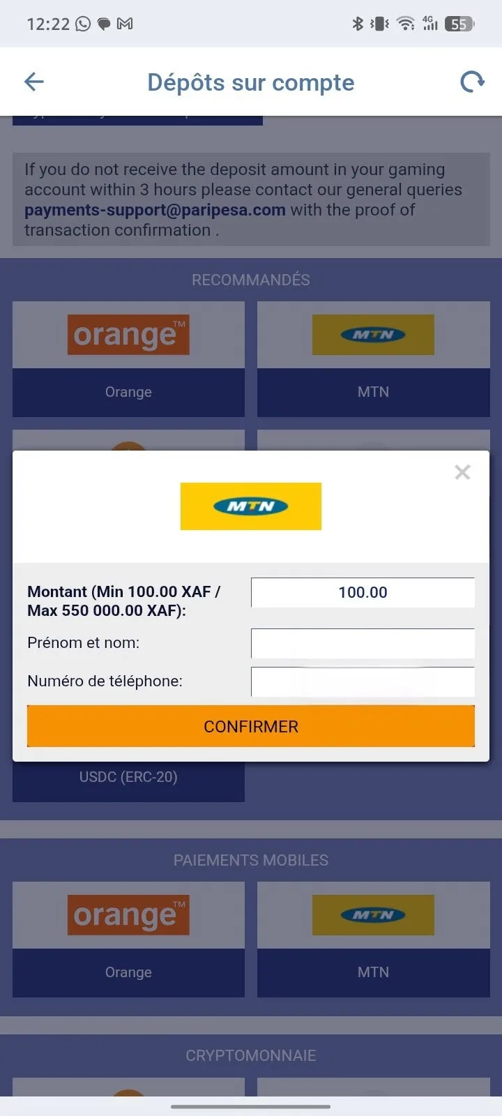 Dépot via MTN sur paripesa