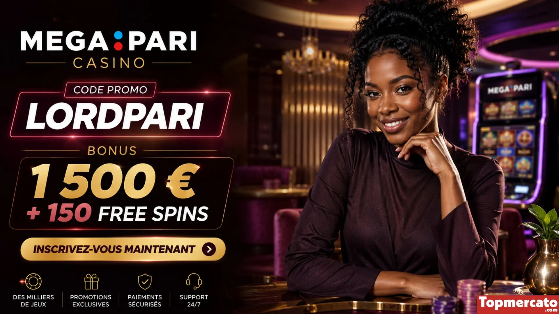 Le code bonus Megapari casino offre un pack de 1500€ avec 150 free spins