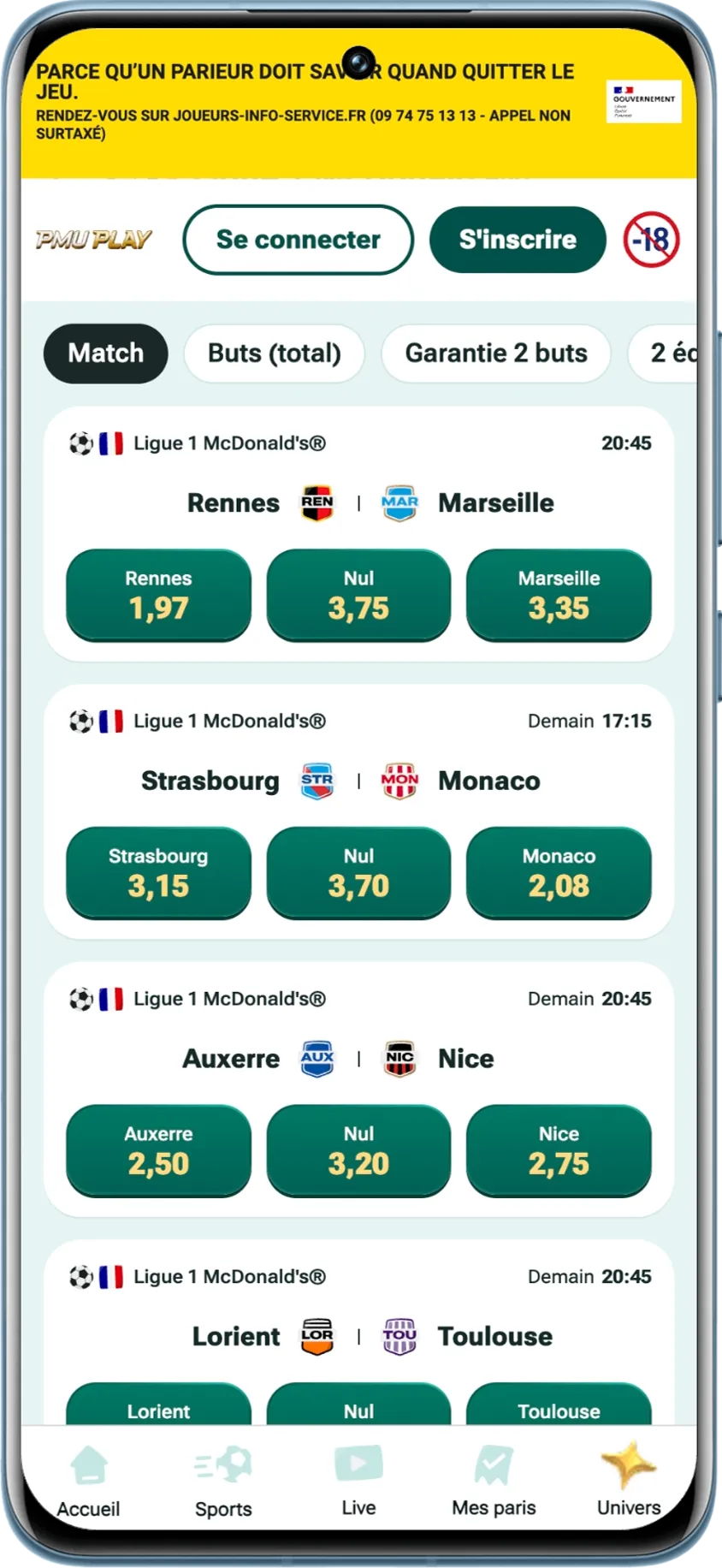 Sélection de cotes relevées sur une journée de Ligue 1 sur PMU Play