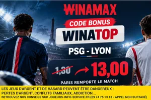 Code bonus Winamax WINATOP : PSG-Lyon, Paris à 13,00 au lieu de 1,30