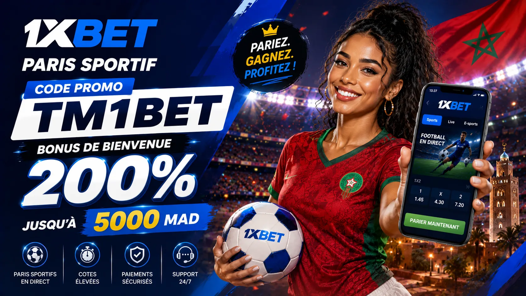 Le code promo 1xbet au Maroc propore un bonus sport de bienvenue jusqu'à 5000 MAD