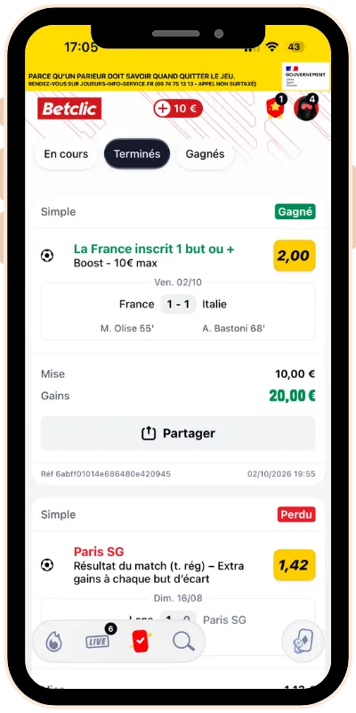 Résultat du pari avec la cote boostée à 2,00 sur Betclic
