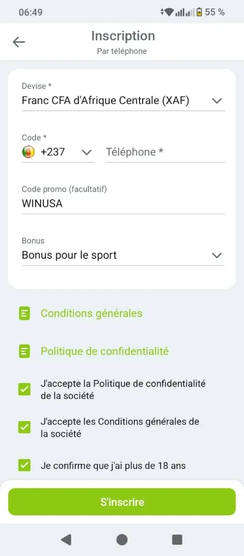 Inscription et utilisation du code promo WINUSA sur la page WinWin