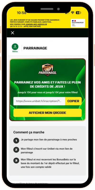 Lien et code de parrainage accessibles depuis votre compte Unibet