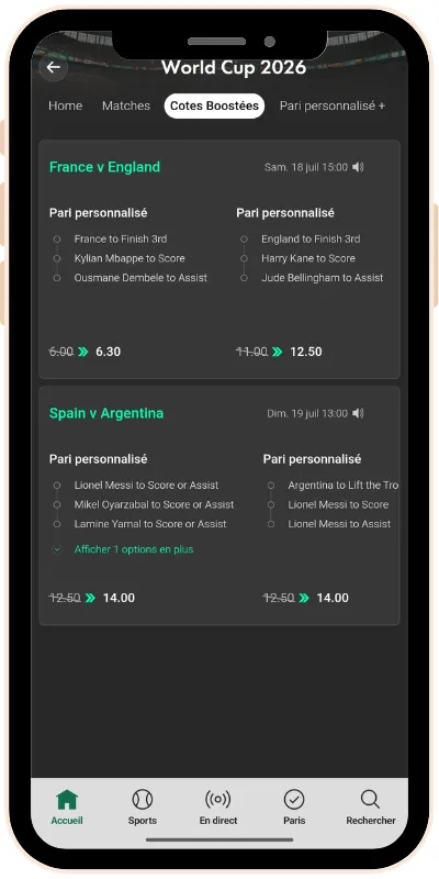 Cotes boostées le 17 juillet 2026 sur bet365 pour la finale et petite finale de la Coupe du monde