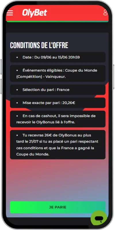 Les conditions de la promo spéciale coupe du monde sur Olybet
