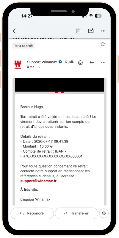 Confirmation de retrait reçue par mail de la part de Winamax