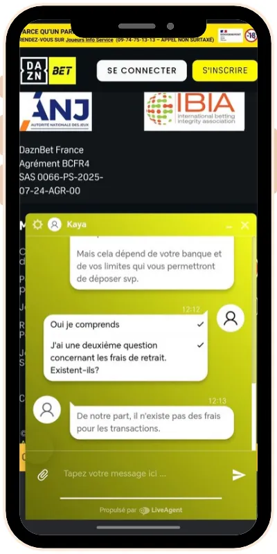 Exemple d’un échage avec le service client de Dazn Bet directement sur l’application