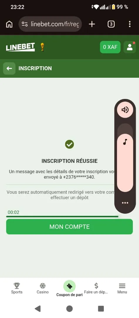 Inscription réussie sur Linebet