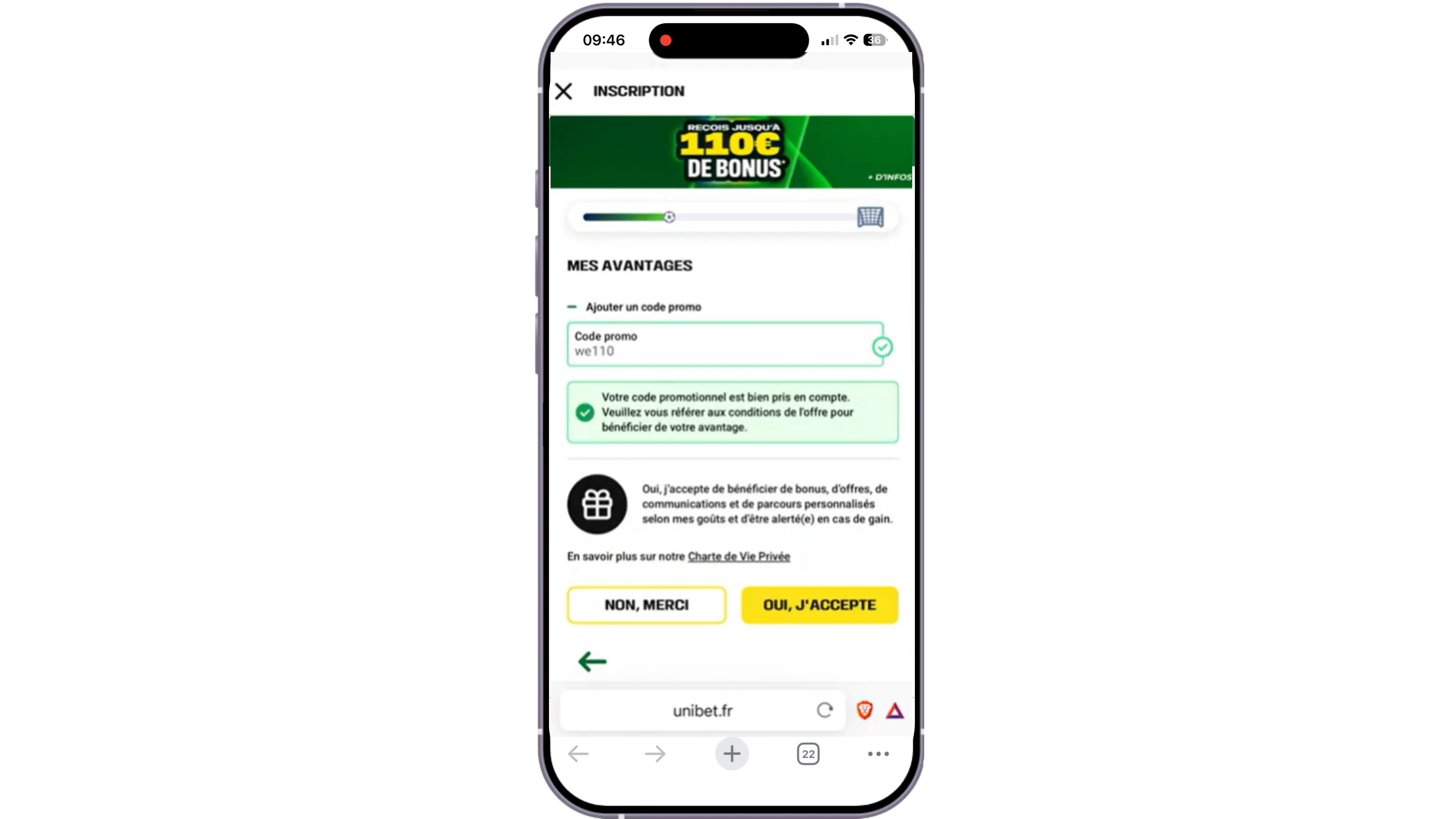 Le champ code promo d'Unibet rempli avec le code WE110