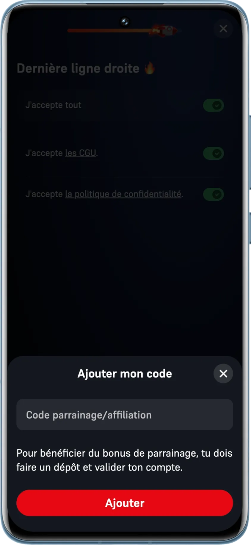 Champ où il faut entrer le code de parrainage Winamax lors de l’inscription