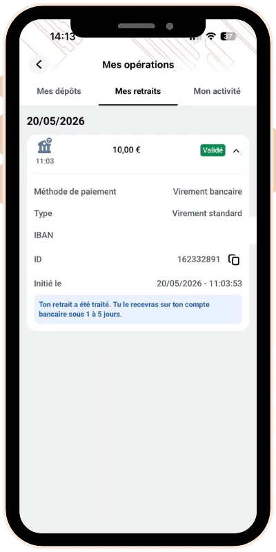 Confirmation de retrait de 10 € valdié par Betclic le 20 mai 2026