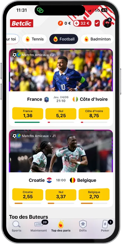 La section football disponible sur Betclic