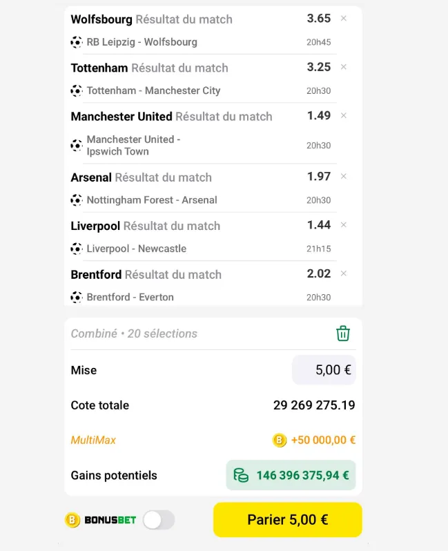 Exemple de paris combinés avec multi max sur Unibet